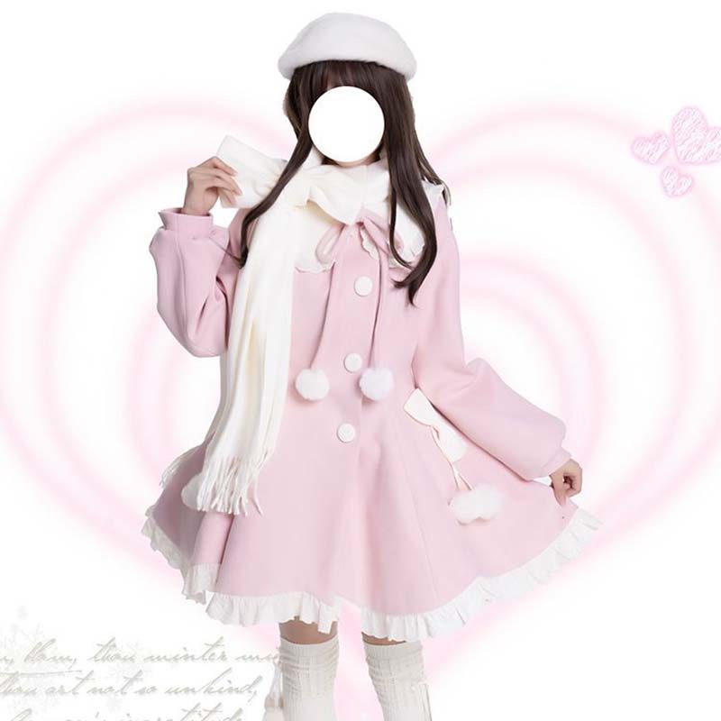 Manteau en laine mi-long avec nœud mignon japonais Kawaii, col en fausse fourrure, veste en laine pour filles et femmes, pardessus chaud d'hiver
