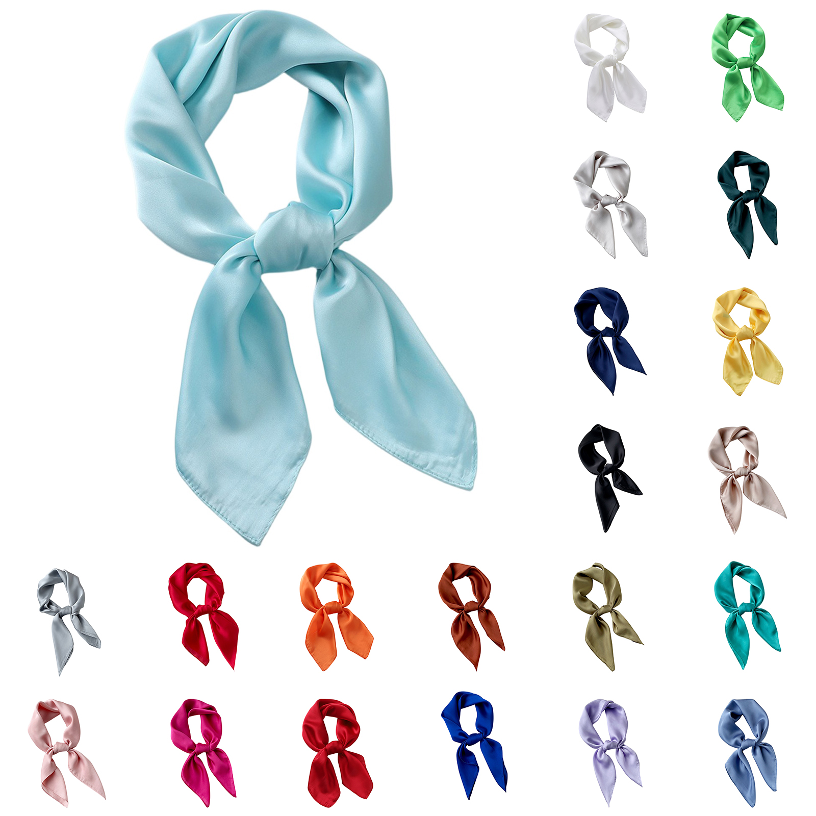 Foulard carré fin monochrome pour femme, design élégant, en satin doux, utilisable comme écharpe, bandeau ou ruban pour cheveux