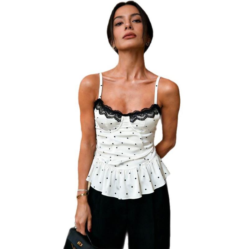 Haut pour femme coupe ajustée, style européen et américain, à pois, col carré, patchwork de dentelle, nouvelle mode rétro, polyvalent pour le quotidien