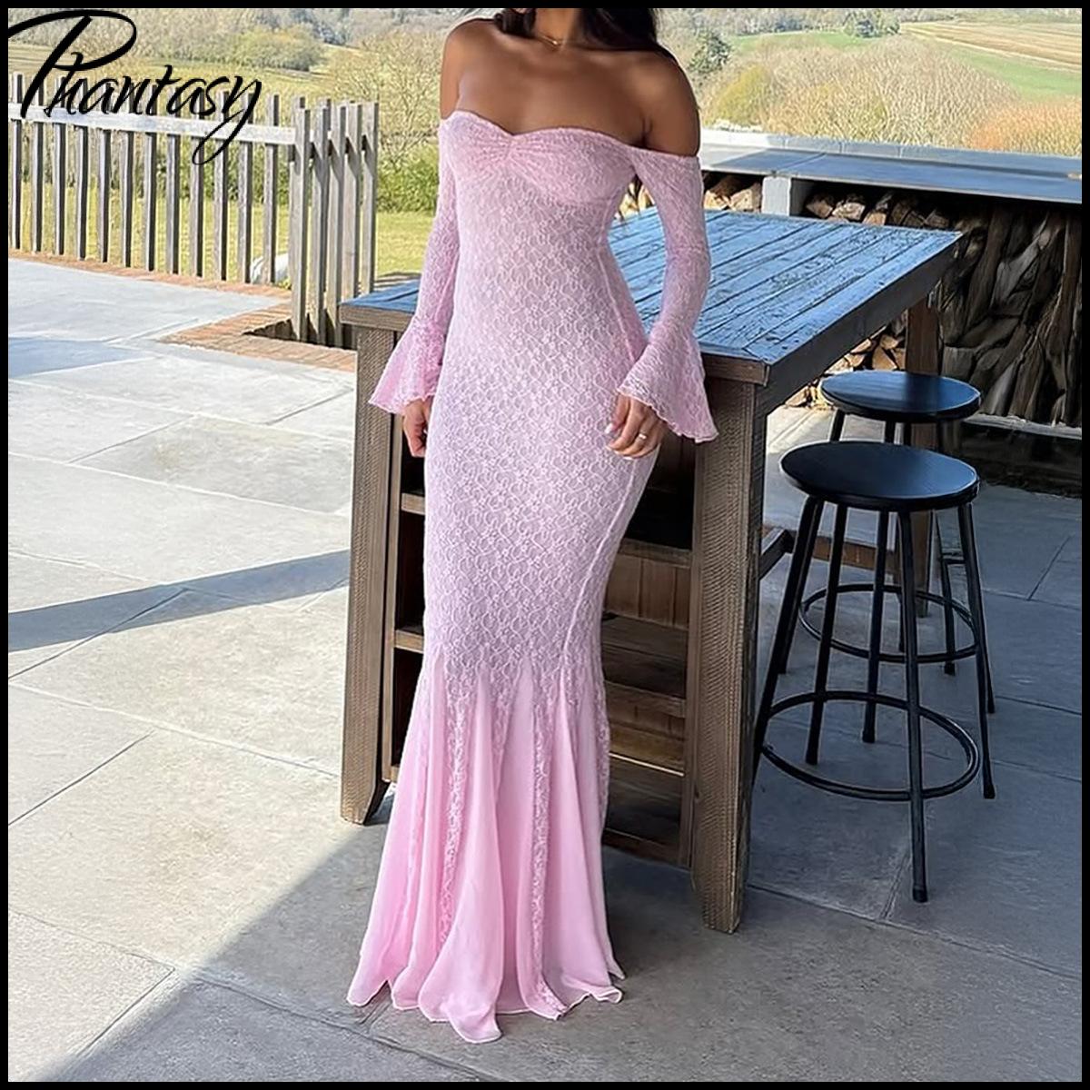 Robe longue élégante de style français rose pour femmes, robe à manches longues en dentelle, robe de soirée, robe de mariage, tenue de printemps-été pour femmes