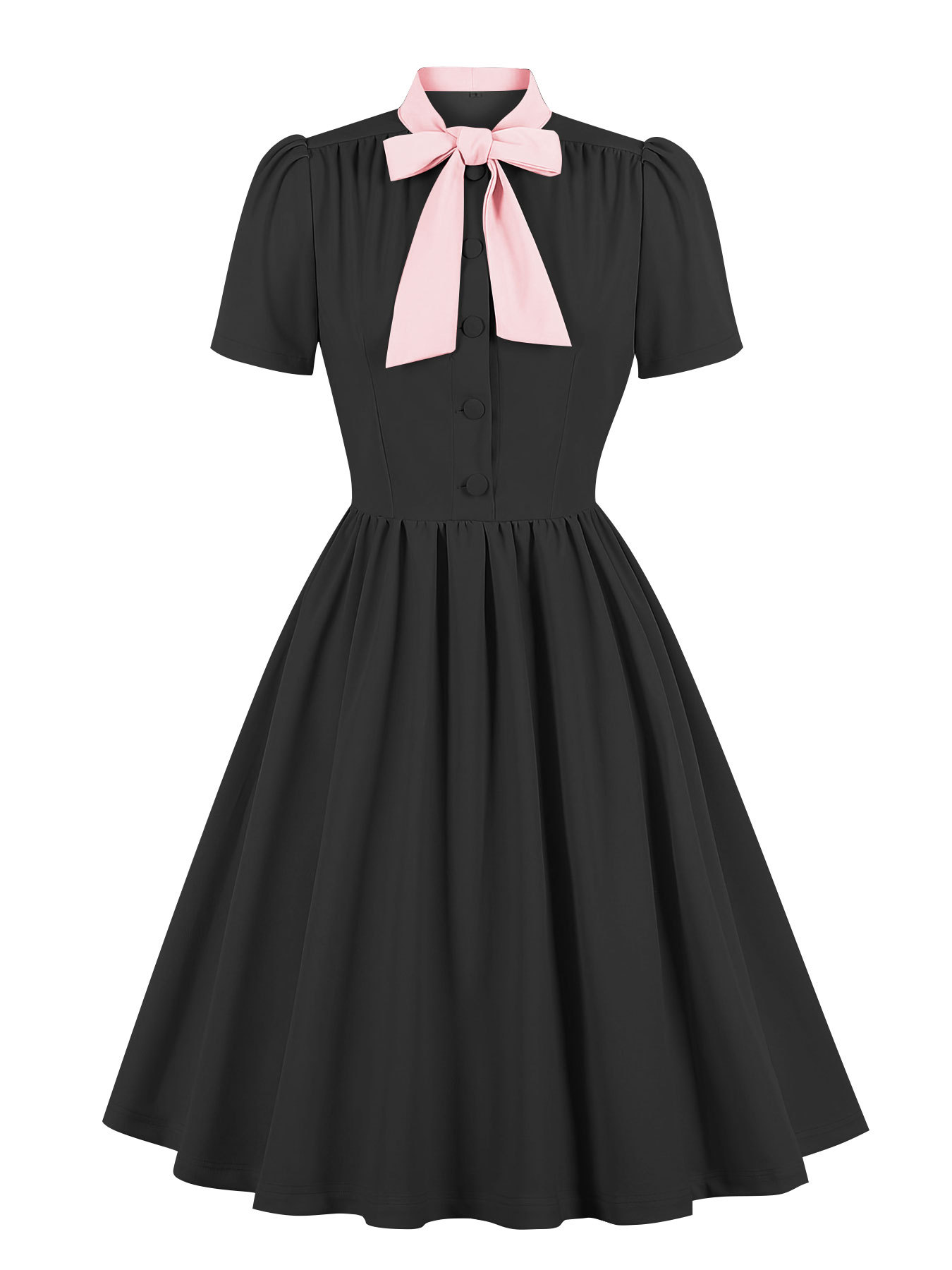 Robe plissée bleue à manches courtes, style vintage français, col à nœud papillon, boutonnée, robes rétro élégantes, style années 50, pin-up, rockabilly