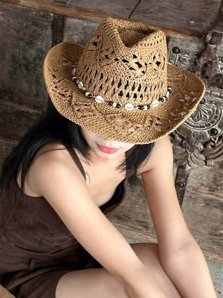 Chapeau de paille bohème d'été pour femmes et hommes, chapeaux de Cowboy de plage, perles en bois ajourées, chapeau de soleil occidental à large bord, casquette de vacances