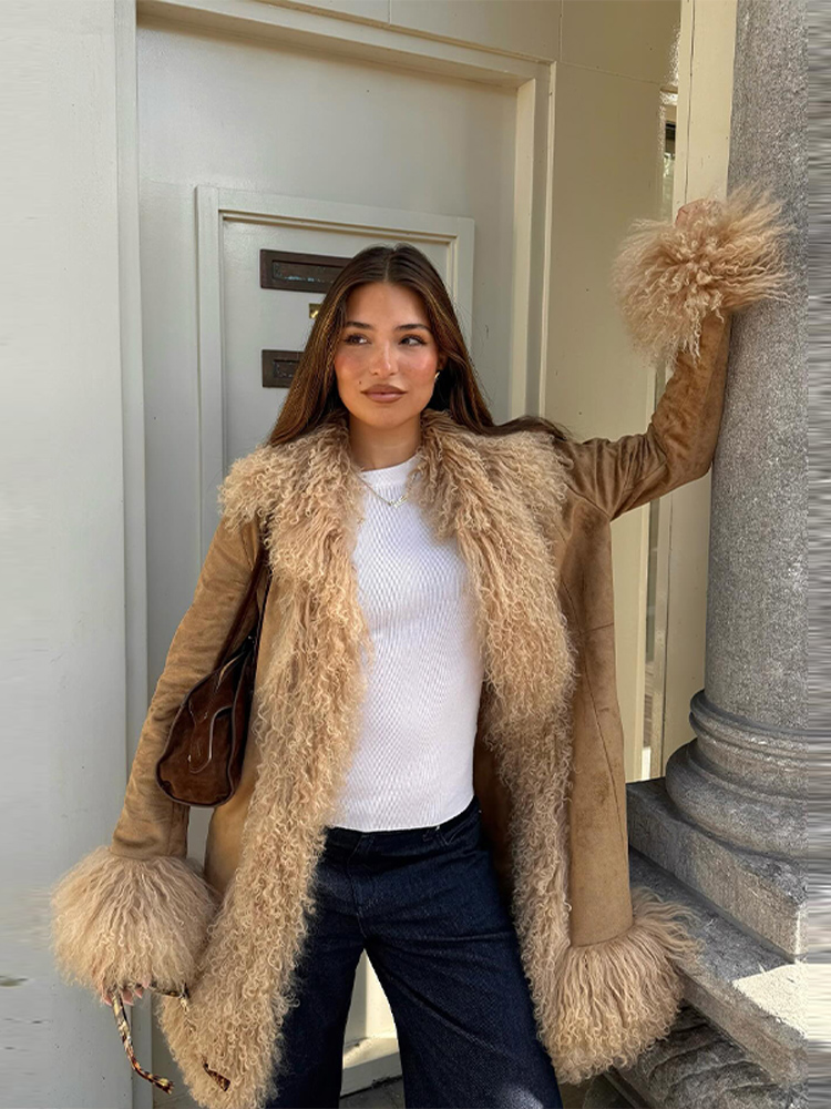 Manteau Long vert Olive pour femme, col flou et manchette, grand col à revers, Double boutonnage, vêtements d'extérieur quotidiens décontractés, hiver 2025