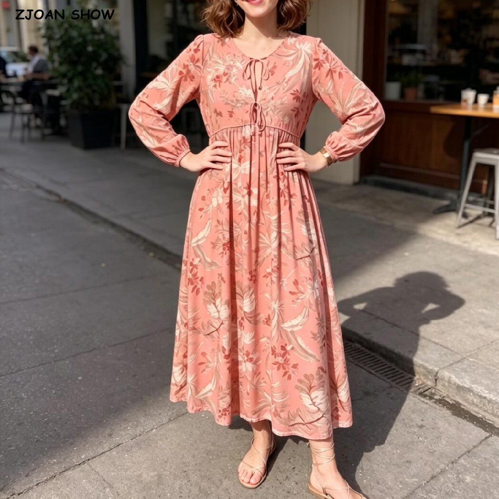 Robe midi droite BOHO pour femme, à motif floral et feuilles, avec col à nouer, en viscose et coton, manches longues, style ethnique, pour les vacances d'été