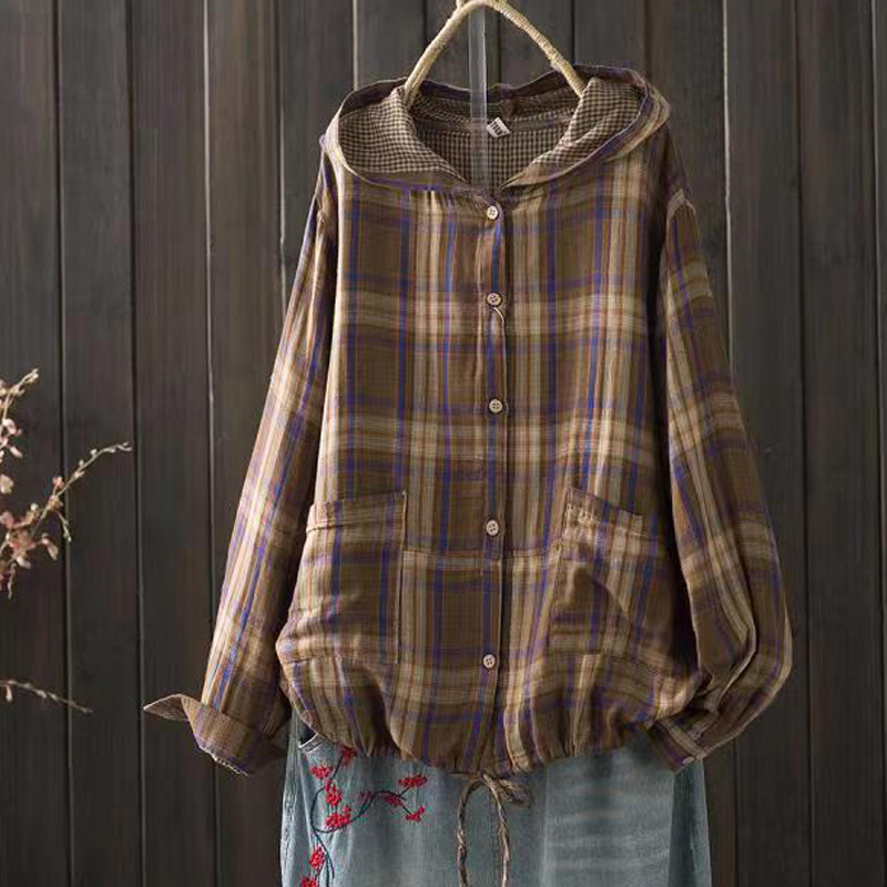 Chemises à carreaux à boutonnage simple à manches longues pour femmes, chemisiers grande taille, chemise surdimensionnée, haut à capuche, automne, printemps, 600