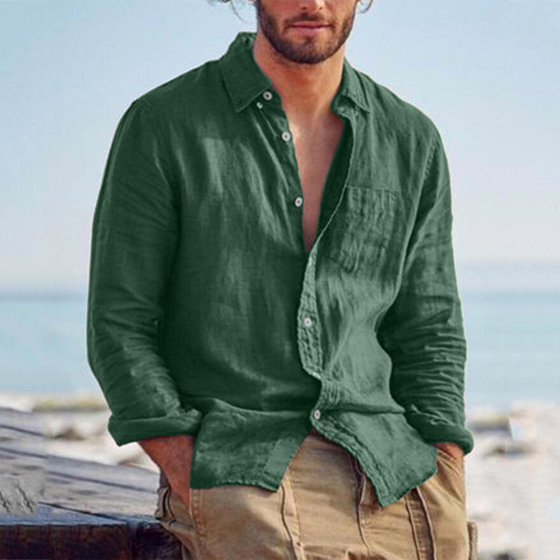 Chemise décontractée à manches longues pour homme en coton, polyester et lin, respirante, boutonnée, avec poche poitrine, idéale pour l'été et les vacances à la plage