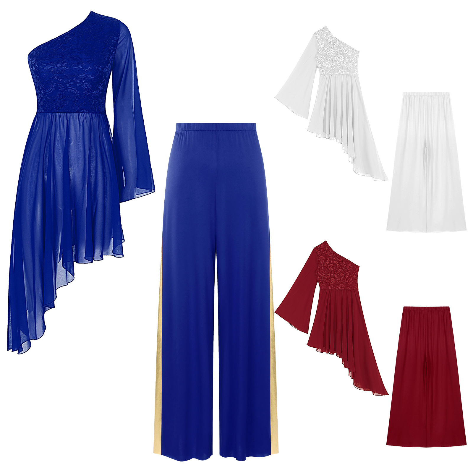 Tenues de danse liturgique pour femmes, vêtements de danse d'église louange, tunique de culte, robe à manches évasées avec pantalon à jambes larges, 2 pièces