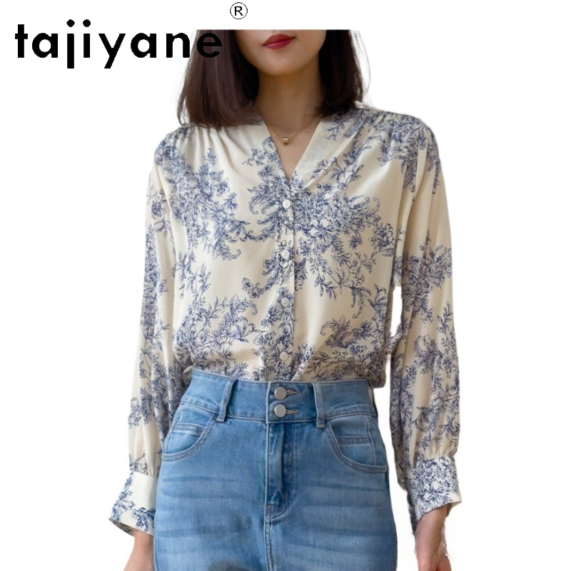 TAJIYANE 100% chemisier en soie de mûrier naturel élégant col en V chemise femme à manches longues été hauts 2025 mode dames vêtements Блузка
