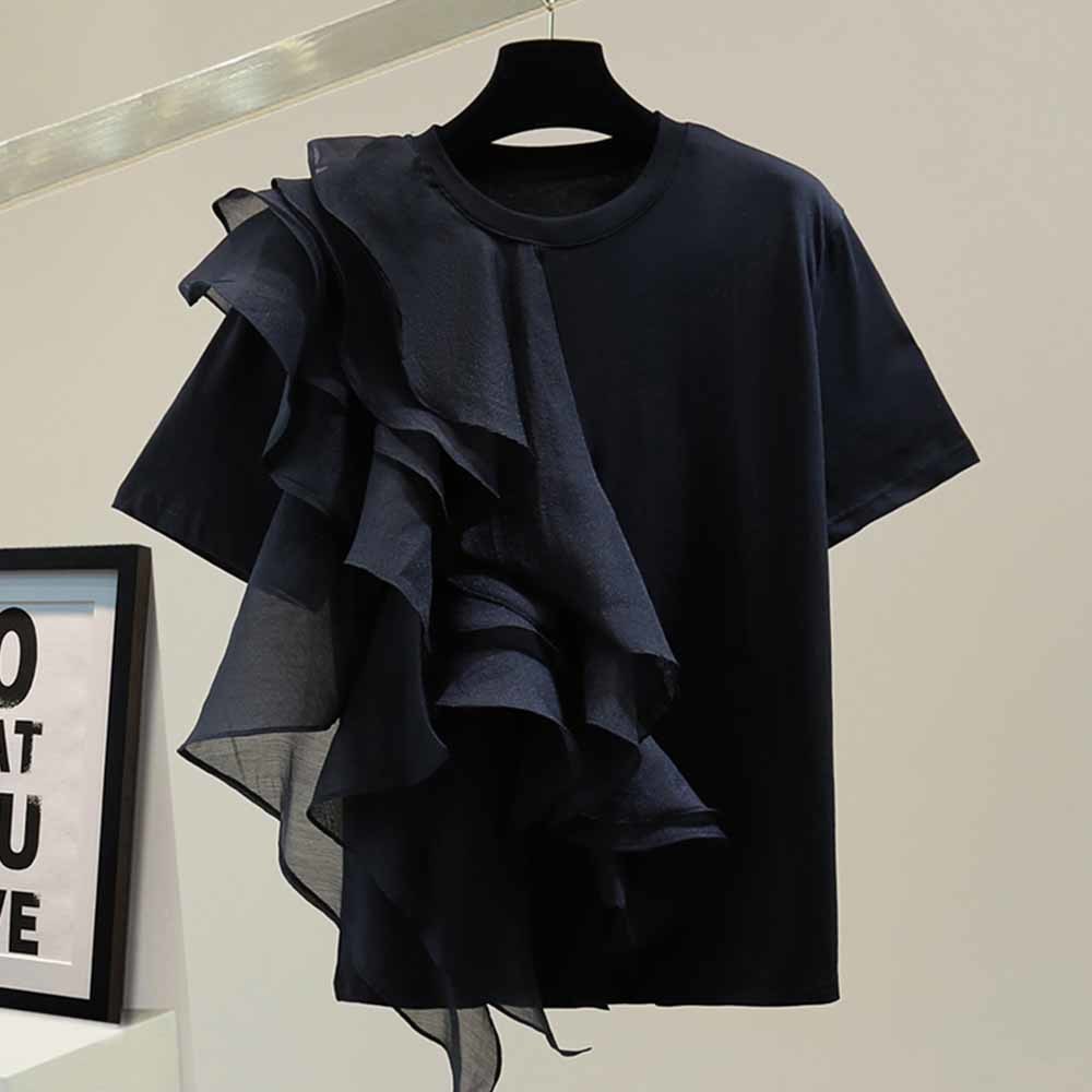 T-shirt manches courtes col rond femme, blanc, à volants, patchwork, décontracté, à la mode, nouvelle collection été 2022