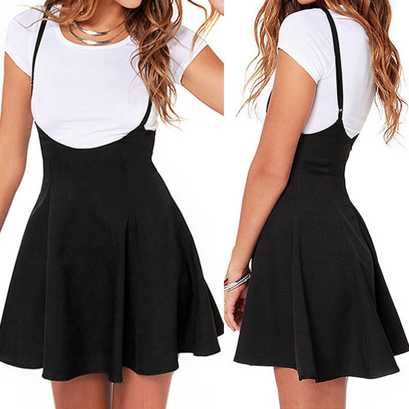 Robes à bretelles à bretelles pour femmes élégantes tunique de fête plissée robe patineuse noire Costumes taille haute Mini robe d'école