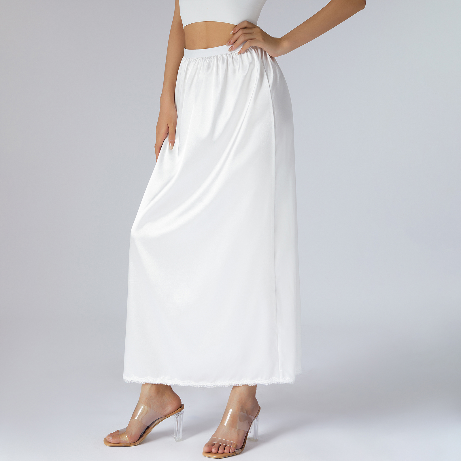 Taille élastique doublure intérieure jupe Midi femmes couleur unie Satin demi-slip sous-jupe longue sous-jupe pour dames blanc/noir/jaune