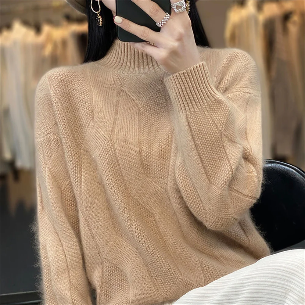 Pull en laine à col mi-haut pour femme, pull en cachemire monochrome, manches longues douces, vêtements à la mode, automne et hiver