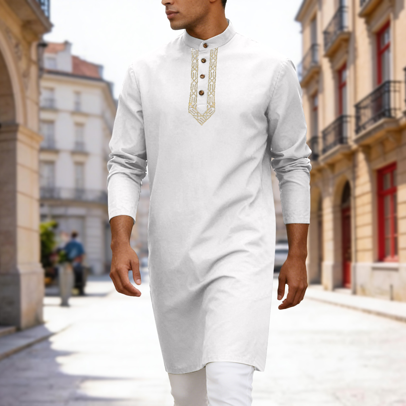 Chemise musulmane pour homme, style islamique arabe, col montant, manches longues, Blouse Jubba Thobe, Kaftan ethnique, Robe Abaya du Moyen-Orient