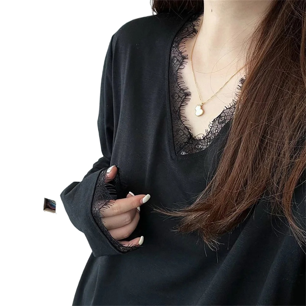 T-Shirt ample femme t-shirts noir blanc automne doux T-Shirt surdimensionné femmes t-shirts à manches longues col en v Sexy dentelle chemise femmes haut