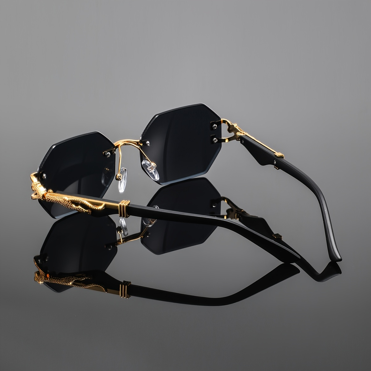 Lunettes de soleil carrées sans monture tendance et luxueuses, unisexes, avec décor léopard en métal sur les branches, pour hommes et femmes