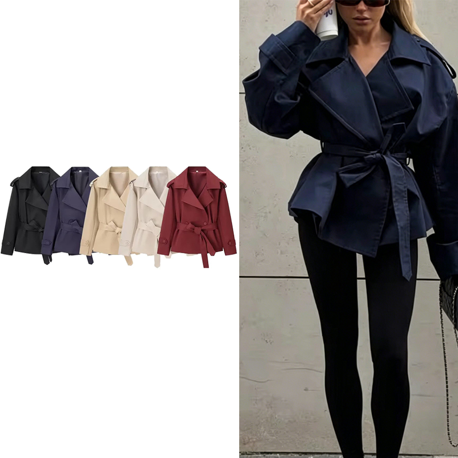 Vestes décontractées vintage chic pour femmes, manteaux courts à col rabattu et double boutonnage avec ceinture, vestes de mode féminine pour les fêtes