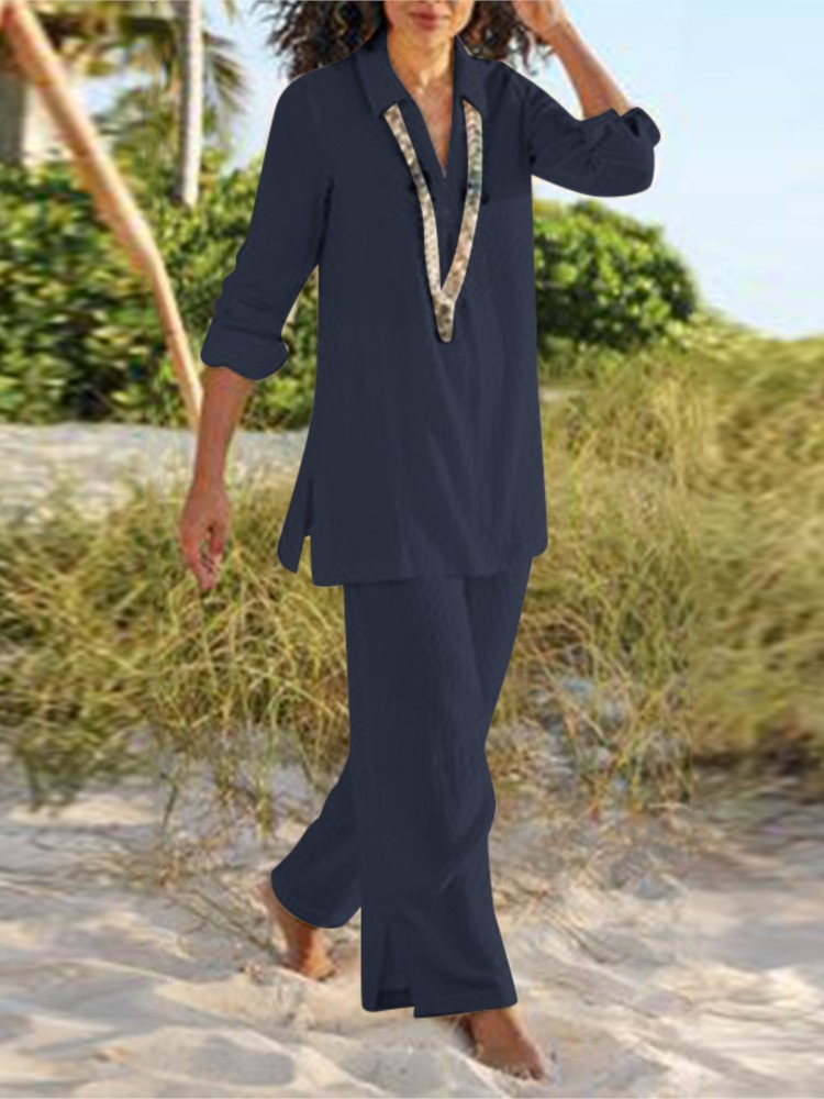 Décontracté coton Blouse deux pièces ensemble femmes été à manches longues hauts pantalons ensembles mode solide pantalon droit costumes femmes tenues