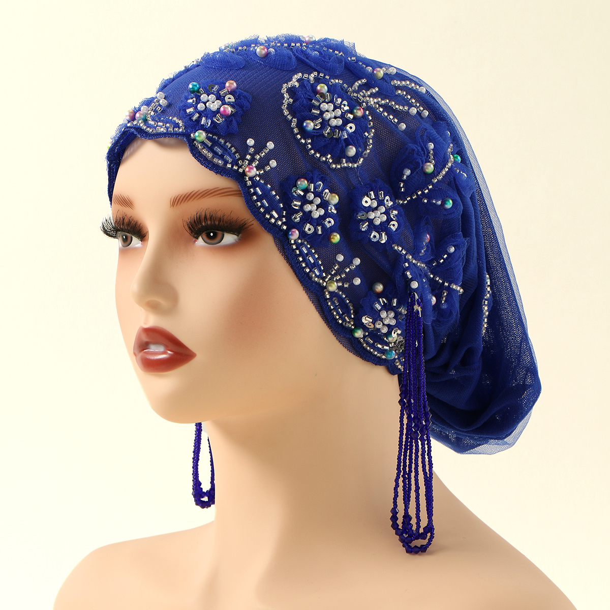 Chapeau de perles en dentelle musulmane, casquettes en tissu maille, Tube de perles associé à un fil de diamant acrylique, chapeau brodé pour femmes arabes de dubaï