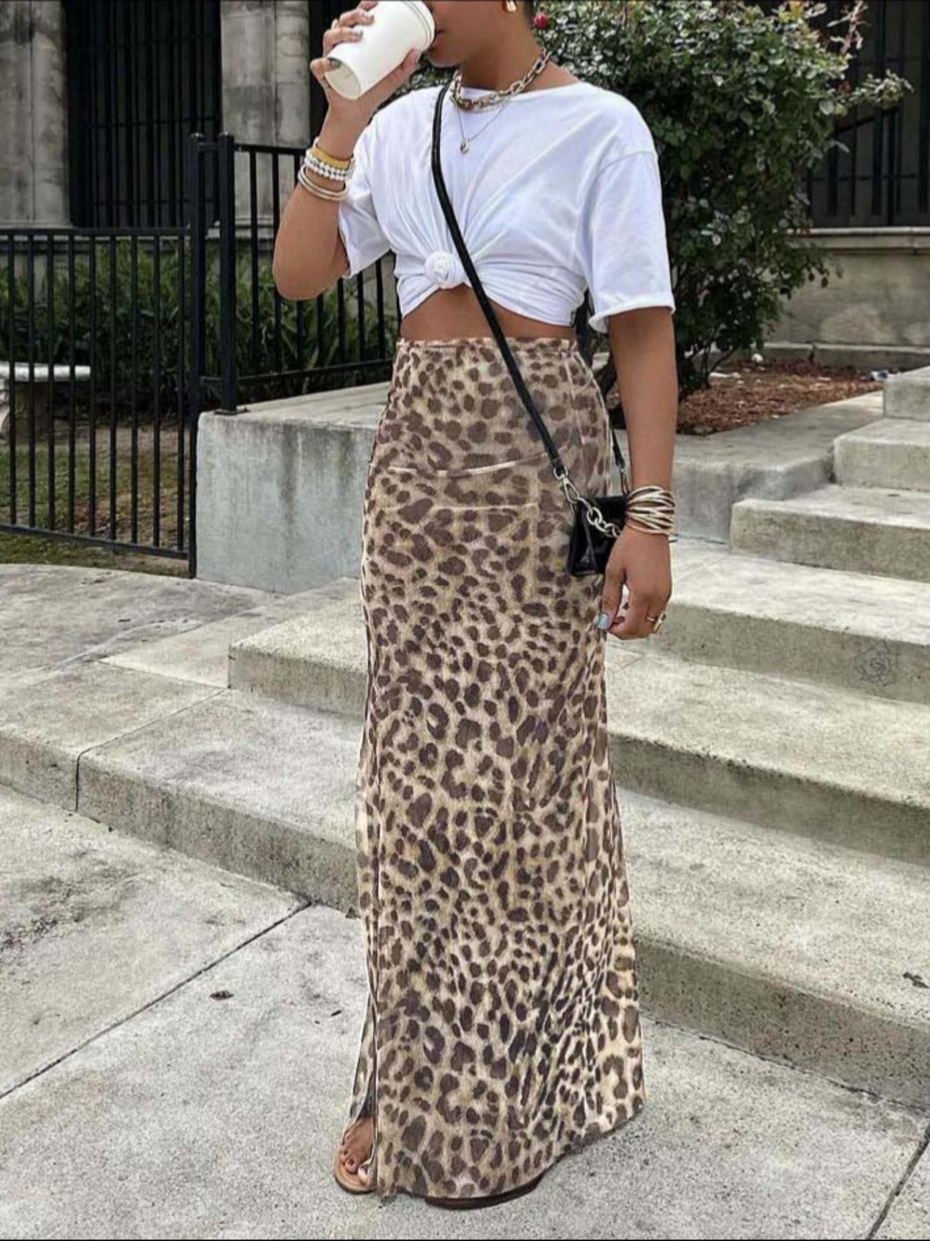 Jupe longue en maille imprimé léopard taille haute pour femme, coupe ajustée en H, design fendu, bas de tenue polyvalent et tendance