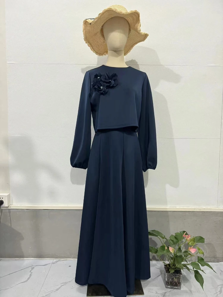 Ensemble de mode Eid Dubaï 2 pièces pour femme : haut à manches lanternes et jupe, ensembles musulmans, jalabiya avec appliques, ensembles pour femmes