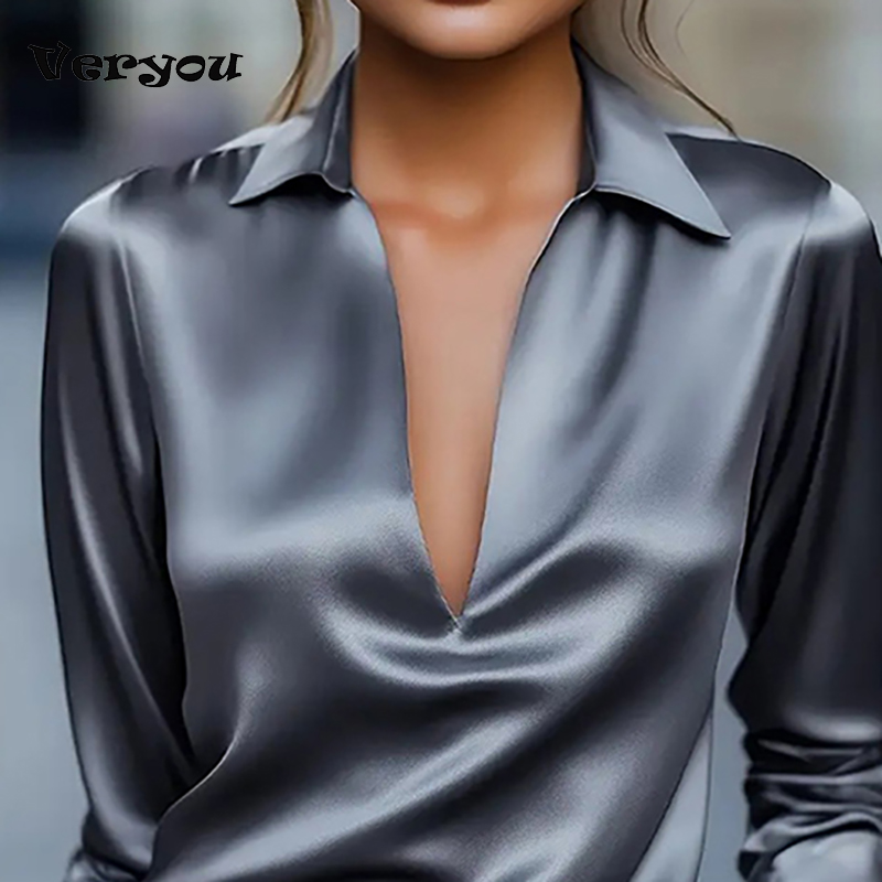Femmes élégantes chemise Vintage à manches longues Blouse femmes chemises en soie pour les femmes automne Blusas col en V bureau dames hauts pull