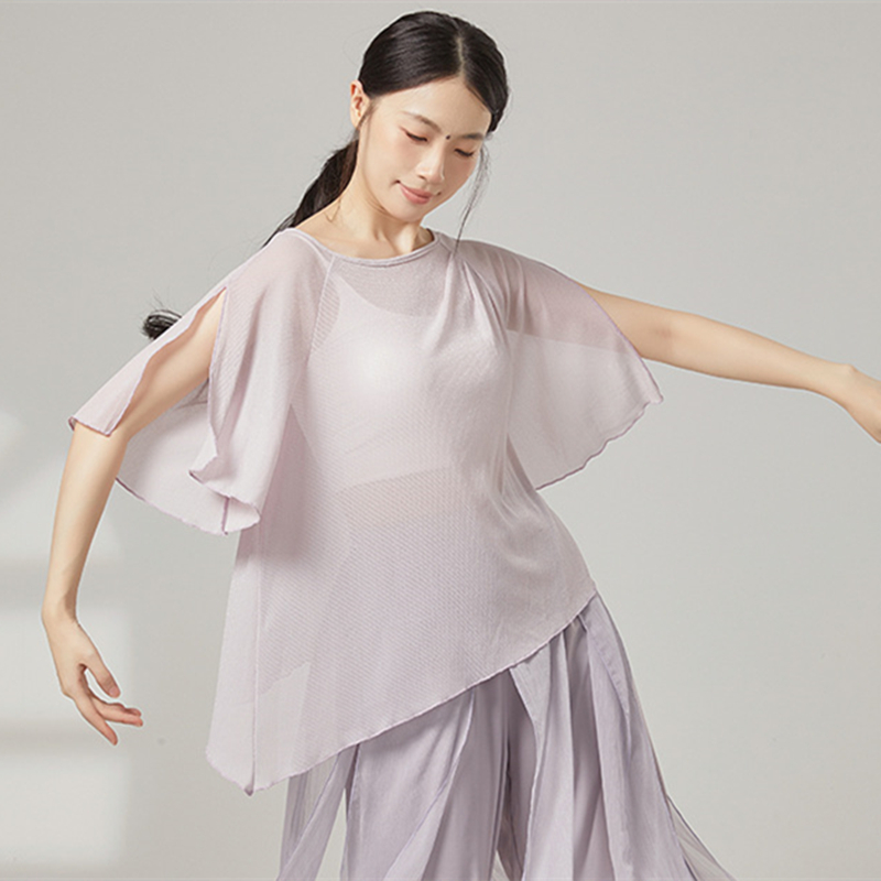 Costumes de danse classique pour femmes, haut en maille de gaze, chemise fendue à manches courtes, chemisiers Saree amples, ourlet irrégulier, vêtements de danse sur scène chinoise