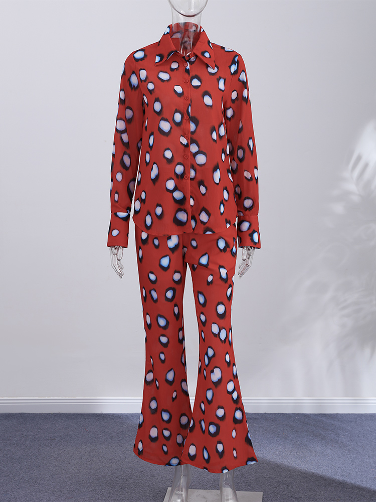Ensemble chemise et pantalon imprimé pour femme, idéal pour les vacances à la plage, rouge, transparent, col à revers, manches longues, chemise boutonnée et pantalon, tenue décontractée été 2026
