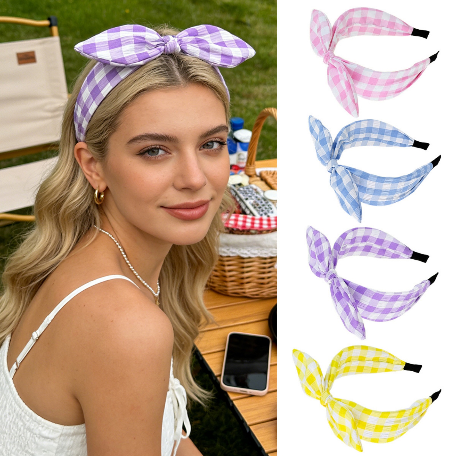 1 bandeau à nœud en tissu à carreaux pour femmes, accessoires pour cheveux printemps-été, pour un usage quotidien