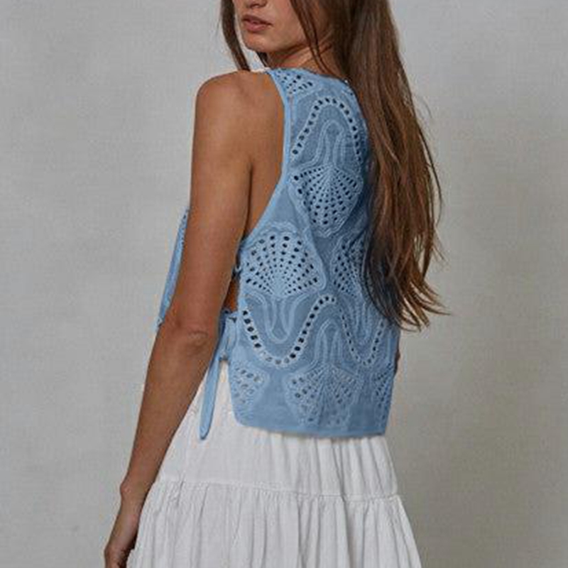 Combhasaki femmes été Chic sans manches culture débardeurs col rond motif esthétique oeillet évider côté nœud attaché gilet chemises