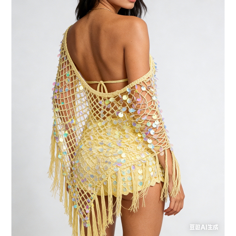 Ponchos en tricot pour femmes, style Y2K, à épaule dénudée, avec ourlet à franges triangulaires et sequins, coupe ample, en crochet ajouré, châle cache-maillot, vêtement de plage