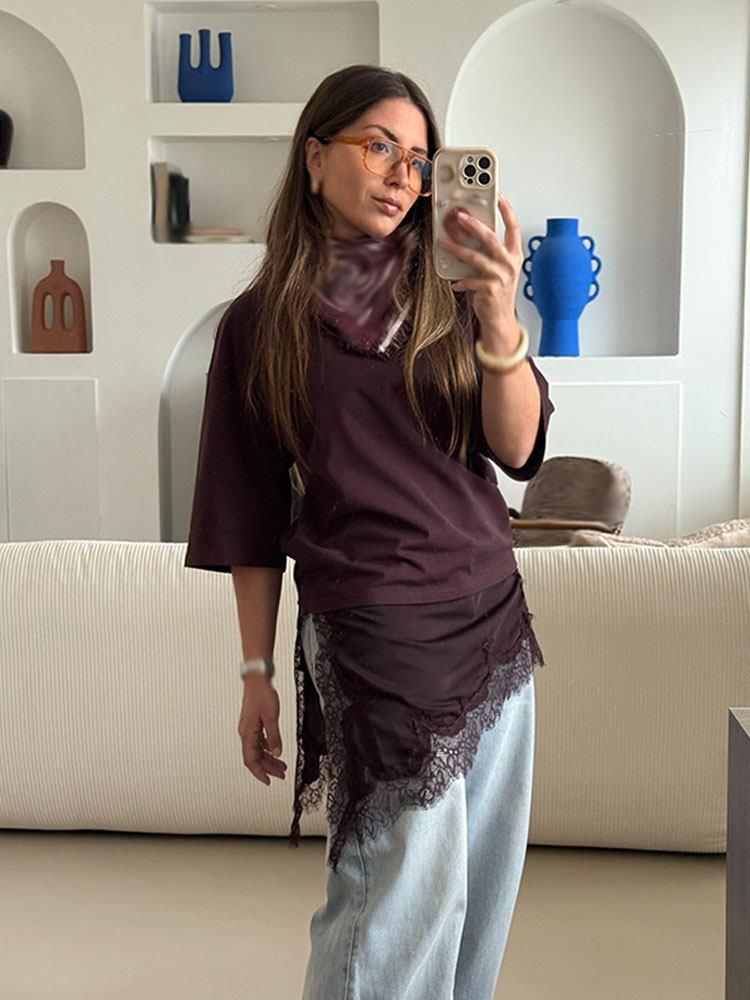 T-shirt femme HH Spring, col rond, manches courtes, asymétrique, dentelle décorative, chic, 2 couleurs, haut uni élégant