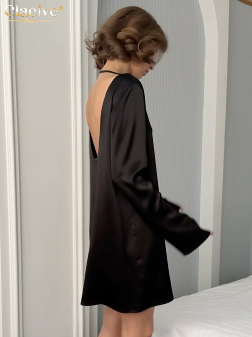 Robe Courte Décontractée Noire pour Femme Clacive Fashion 2026 – Col Rond, Manches Longues, Élégante et Simple, Style Urbain