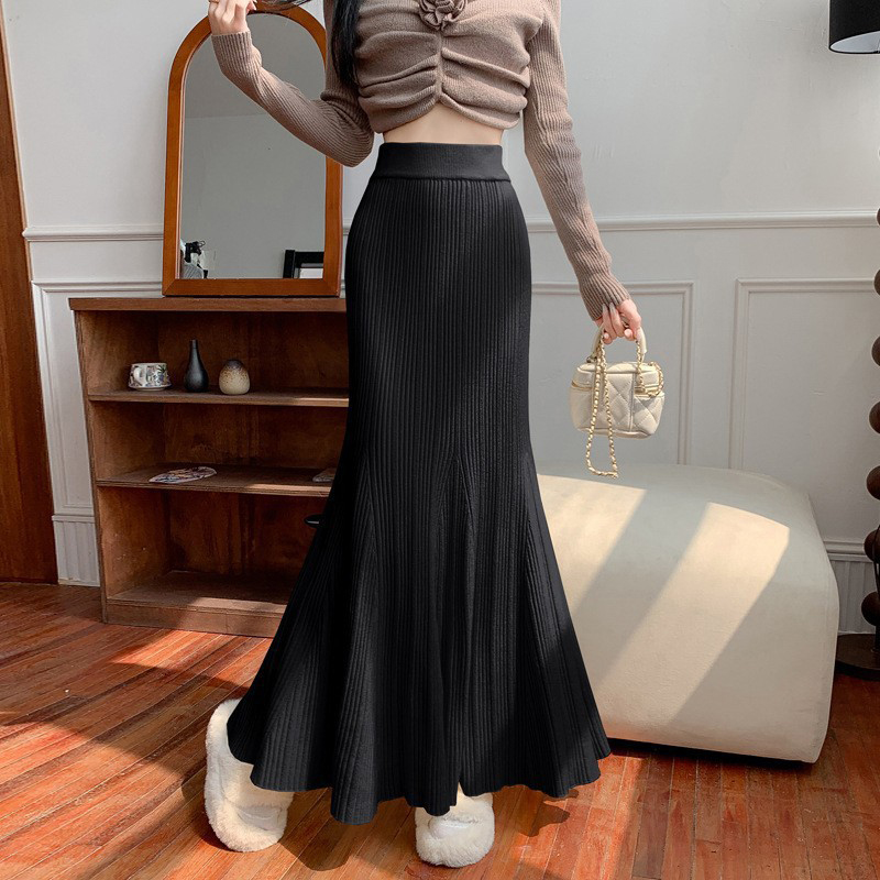 Jupe longue en tricot enveloppé de hanches pour femmes, Sexy, élégante, élastique, taille haute, style sirène, plissée, ligne A, jupe mi-longue pour dames