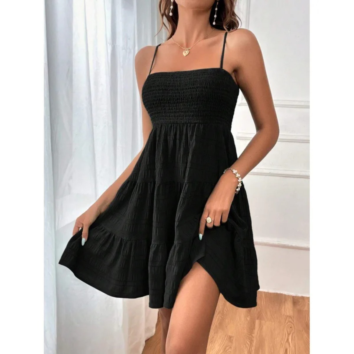 Robe mini bustier smockée à bretelles spaghetti pour femmes, robe à volants à étages bleue, robe décontractée d'été, tenue de plage pour les vacances