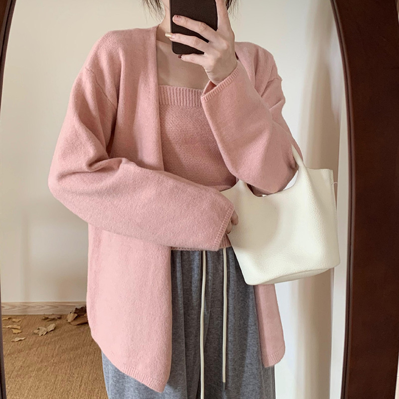 Ensemble cardigan et débardeur en tricot uni style coréen pour femme – Pull décontracté à épaules tombantes, vêtement d'extérieur doux et ample pour l'automne et l'hiver