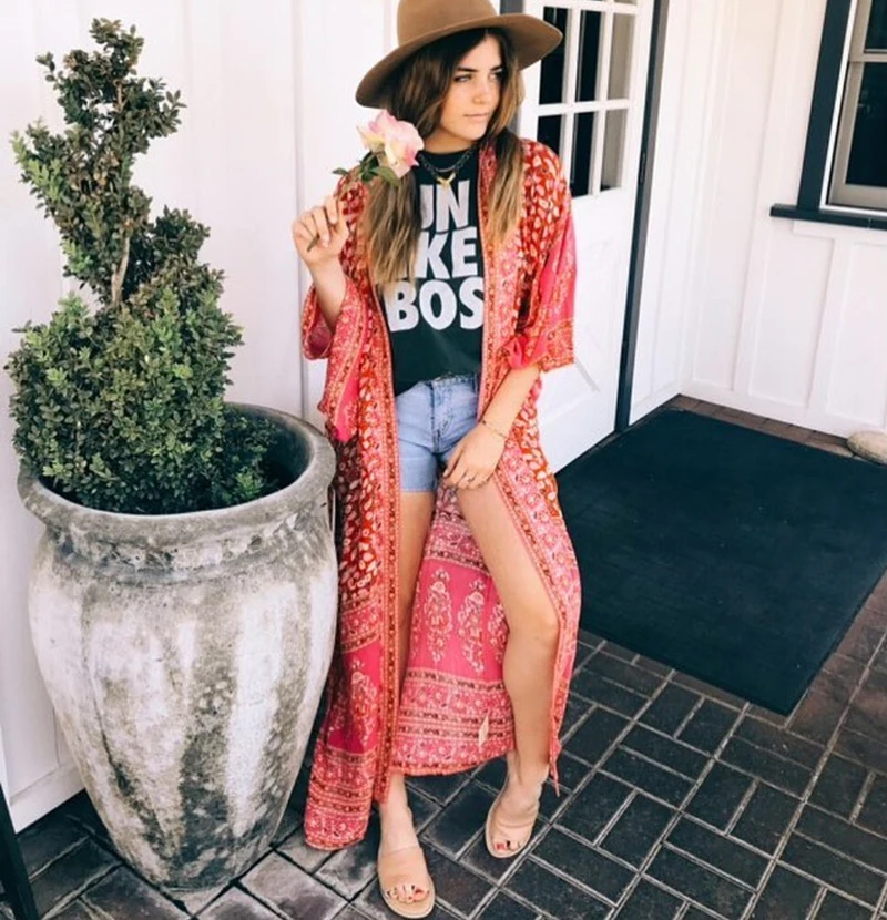 AYUALIN-Kimono vintage en mousseline de soie, imprimé floral, rose, style boho, cover-up pour la plage, vêtements pour femmes