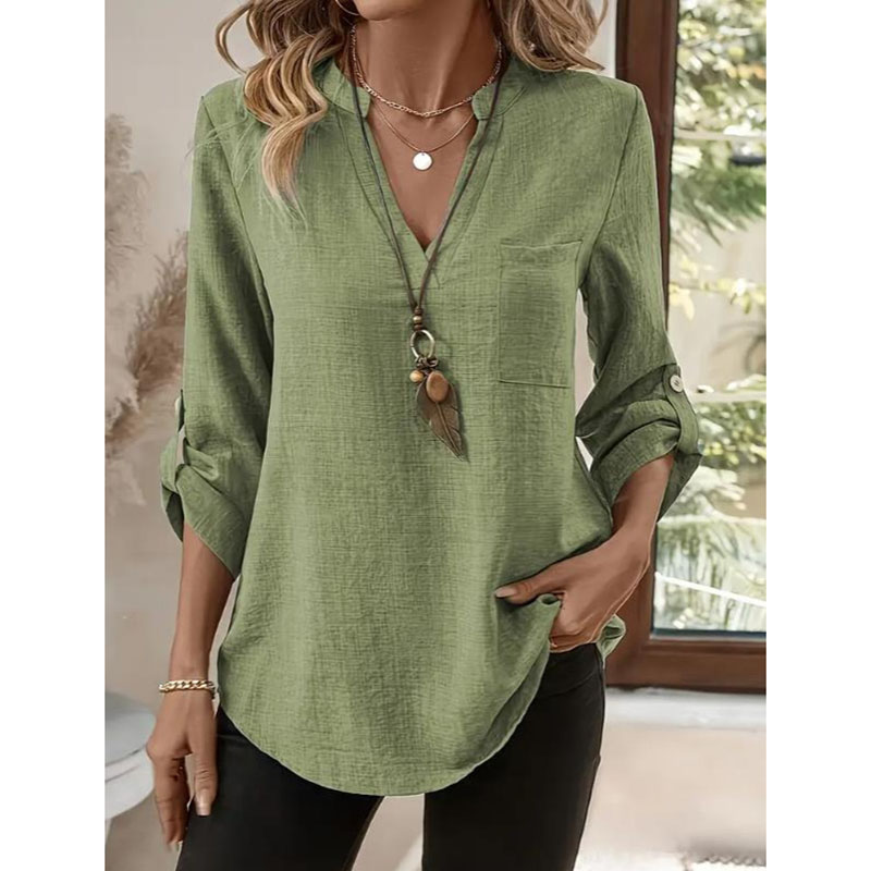 Chemise décontractée ample pour femmes, mode printemps-été, col en V rétro, couleur unie, chemisier élégant pour jeunes femmes