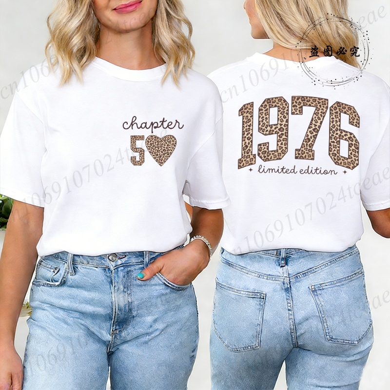 T-shirt tendance pour femme, imprimé rétro 1976, motif léopard, cadeau 50e anniversaire, hauts pour femme, t-shirt graphique Harajuku