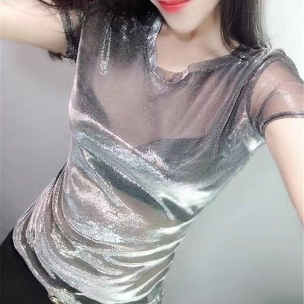 Chemise de Base en soie nacrée dégradée, col rond, manches courtes, pull en dentelle, nouvelle collection printemps et été 2025