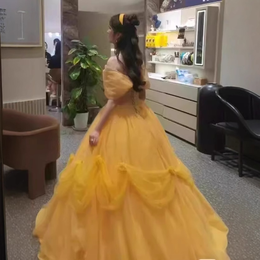 Robe Belle Cinderalle jaune en Tulle pour femmes, épaules dénudées, robe de bal élégante, robe formelle fantaisie, vêtements de Cosplay d'halloween