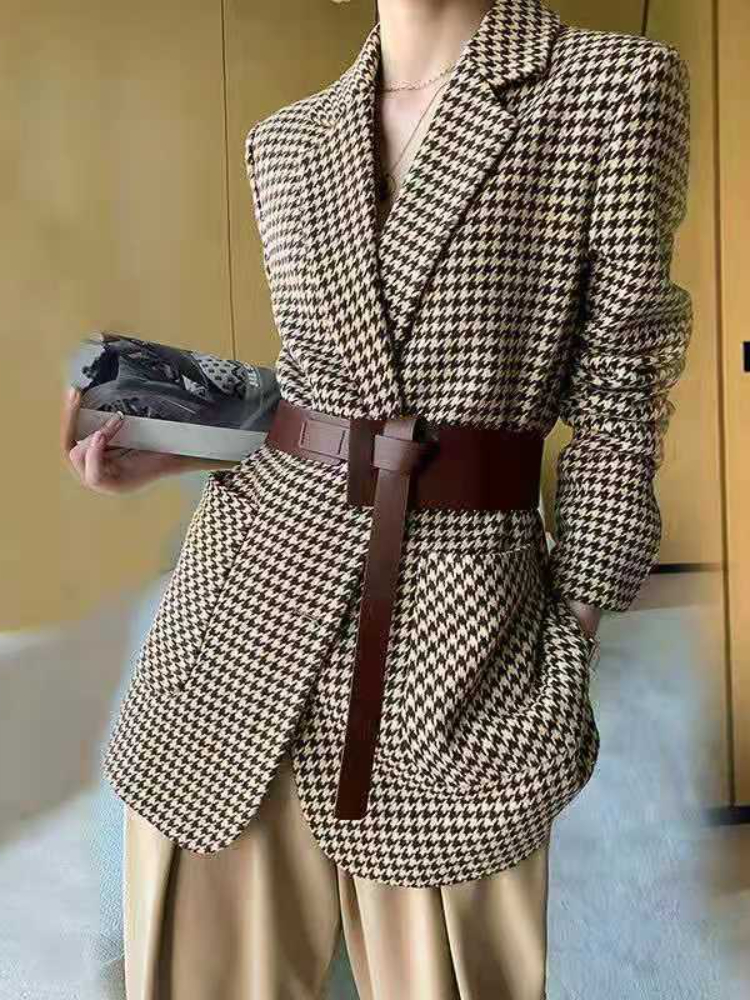 Blazer surdimensionné pour femme avec ceinture à carreaux, veste élégante pour femme, vêtements décontractés, mode coréenne, CombChic, automne, nouveau au bureau