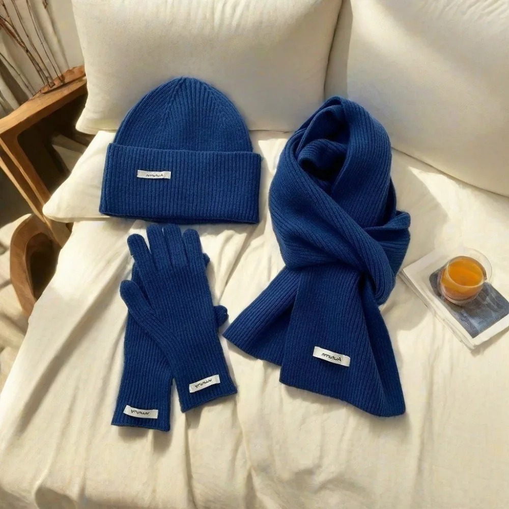 Ensemble tricoté hiver femme : écharpe, bonnet et gants coupe-vent couleur unie – Ensemble trois pièces tendance pour femme