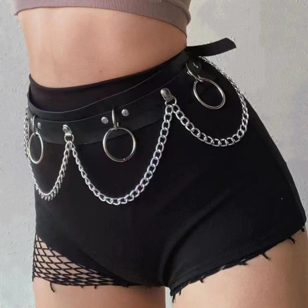 Ceinture gothique avec pompon et chaîne annulaire, adaptée à un usage quotidien des femmes, ceinture noire punk, ceinture rétro
