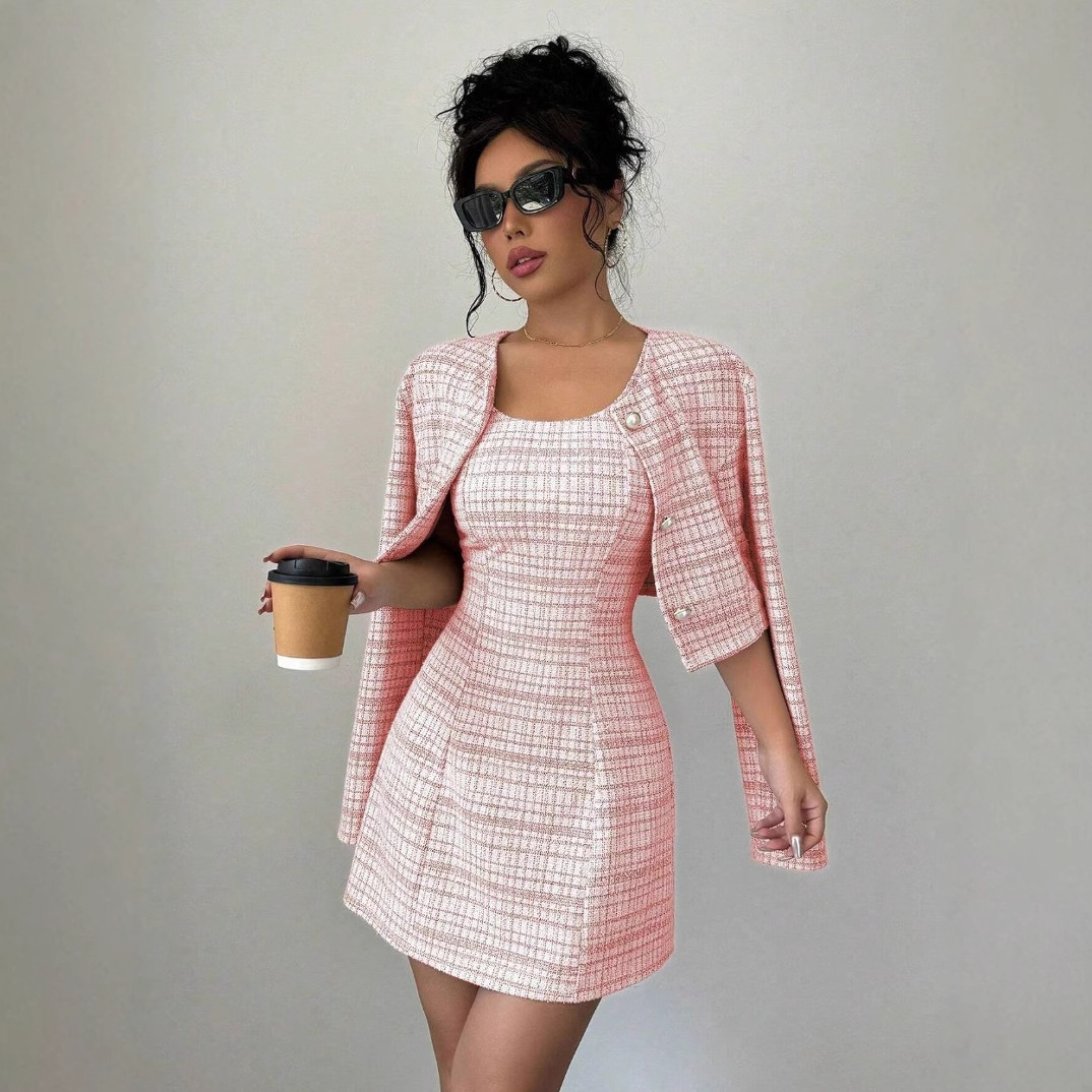 Ensemble deux pièces pour femme : Manteau court à simple boutonnage et robe rétro, coupe ajustée, élégant, polyvalent, confortable, pour le quotidien et la mode décontractée