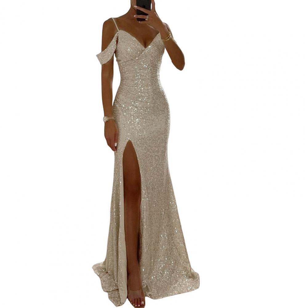 Robe de soirée pour femmes, épaules dénudées, col en V, fente latérale, longueur au sol, paillettes, robe de bal, sans manches, bal de mariage, Banquet, Maxi