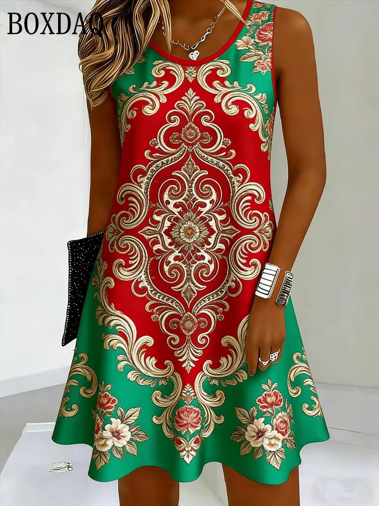 Robe Bohème Sans Manches pour Femme, Coupe Ample, Grande Taille, Décontractée, Imprimé Ethnique Rétro, Nouvelle Collection Été 2026