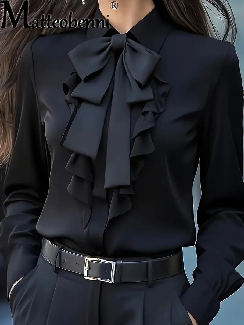 2025 femmes Blouse automne couleur unie à lacets nœud à volants conception chemises décontracté ample à manches longues chemise bureau dames Blusas Mujer