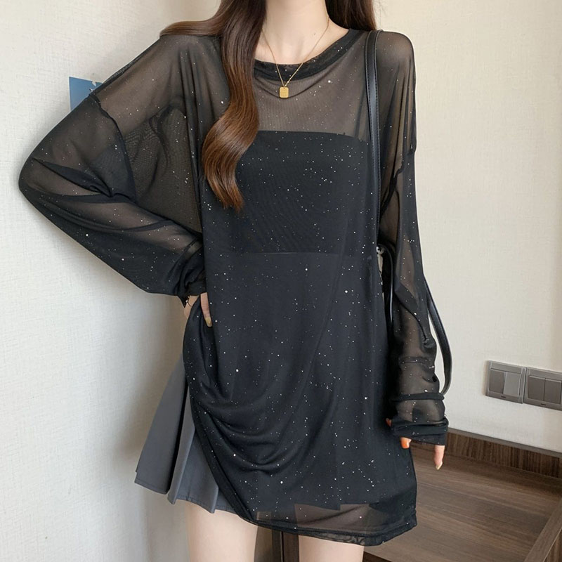 Noir Sexy voir à travers transparent T-Shirts femmes luxe paillettes mince glace soie à manches longues t-shirt été respirant résistant au soleil hauts