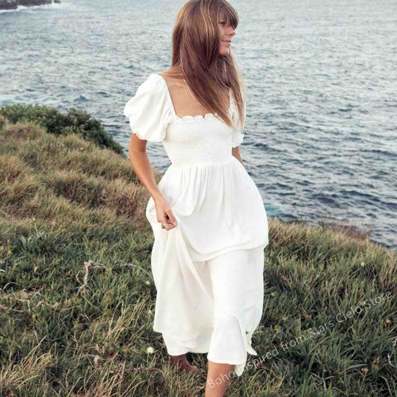 Robe bustier froncée d'inspiration bohème pour femmes, manches bouffantes, volants, élégante, en coton, nouvelle collection été