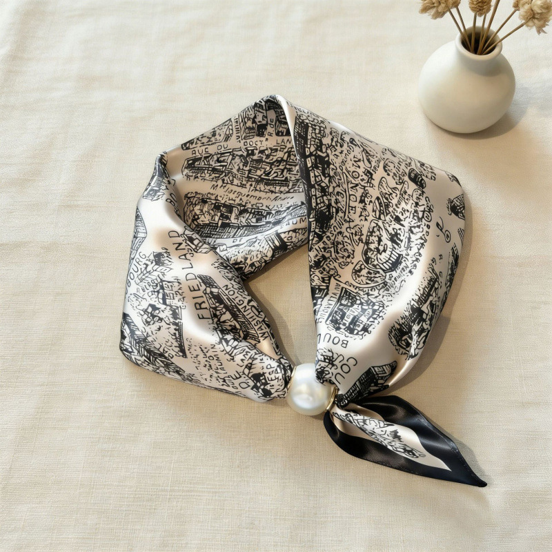 Écharpe carrée magnétique en soie pour femme, fine, printemps-été, avec pendentif en perles, chaîne de clavicule, foulard de cou